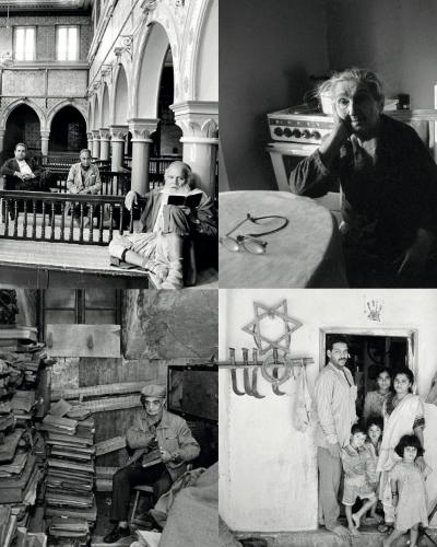 Photos of people in synagogue, elderly man at kitchen table, family outside of house